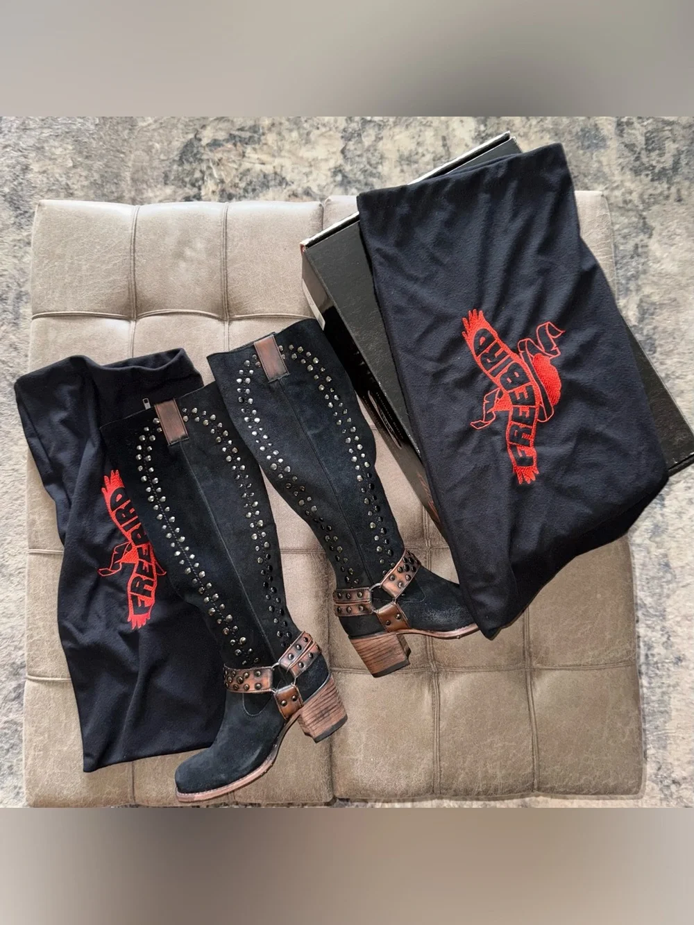 Freebird Daisy Black Suede Over-the-Knee Studded Boots with Brown Harness
